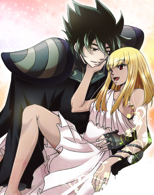 10s 1boy 1girl armor artist_request blonde_hair dark_skin dress full_armor green_hair happy hug long_hair pallas saint_seiya saint_seiya_omega short_hair simple_background smile titan_(saint_seiya_omega) wings