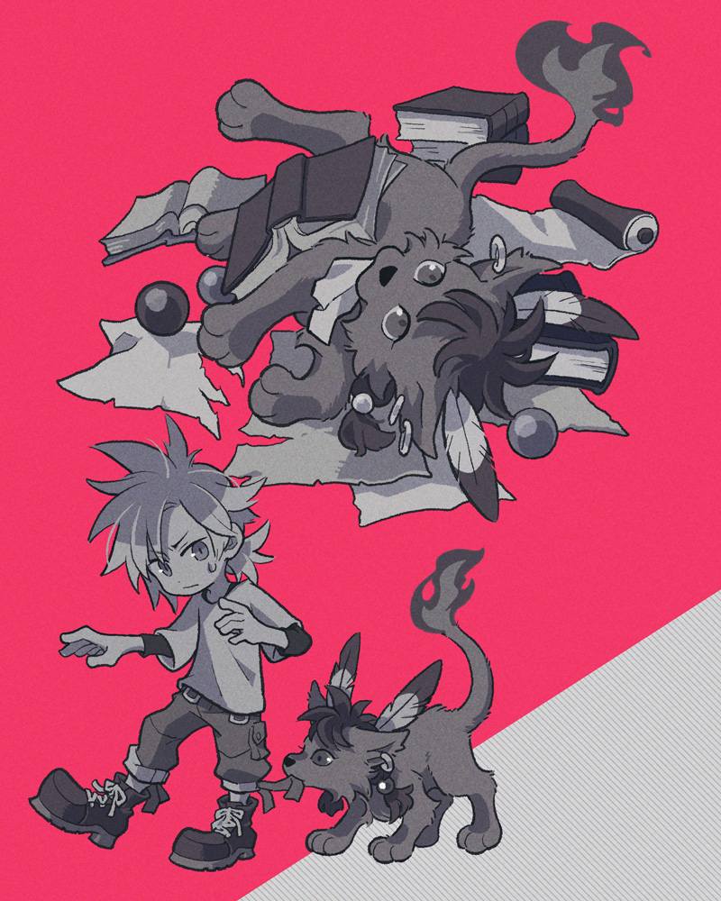 2boys aged_down animal animal_earrings beads black_shirt book boots child cloud_strife coffinsmokes feather_hair_ornament feathers final_fantasy final_fantasy_vii final_fantasy_vii_rebirth final_fantasy_vii_remake flame-tipped_tail full_body hair_beads hair_ornament looking_at_another looking_at_viewer low_ponytail male_focus materia monochrome multiple_boys pants pants_rolled_up paper pink_background ponytail red_xiii rolling shirt shirt_under_shirt short_hair sidelocks spiked_hair sweatdrop tug white_shirt