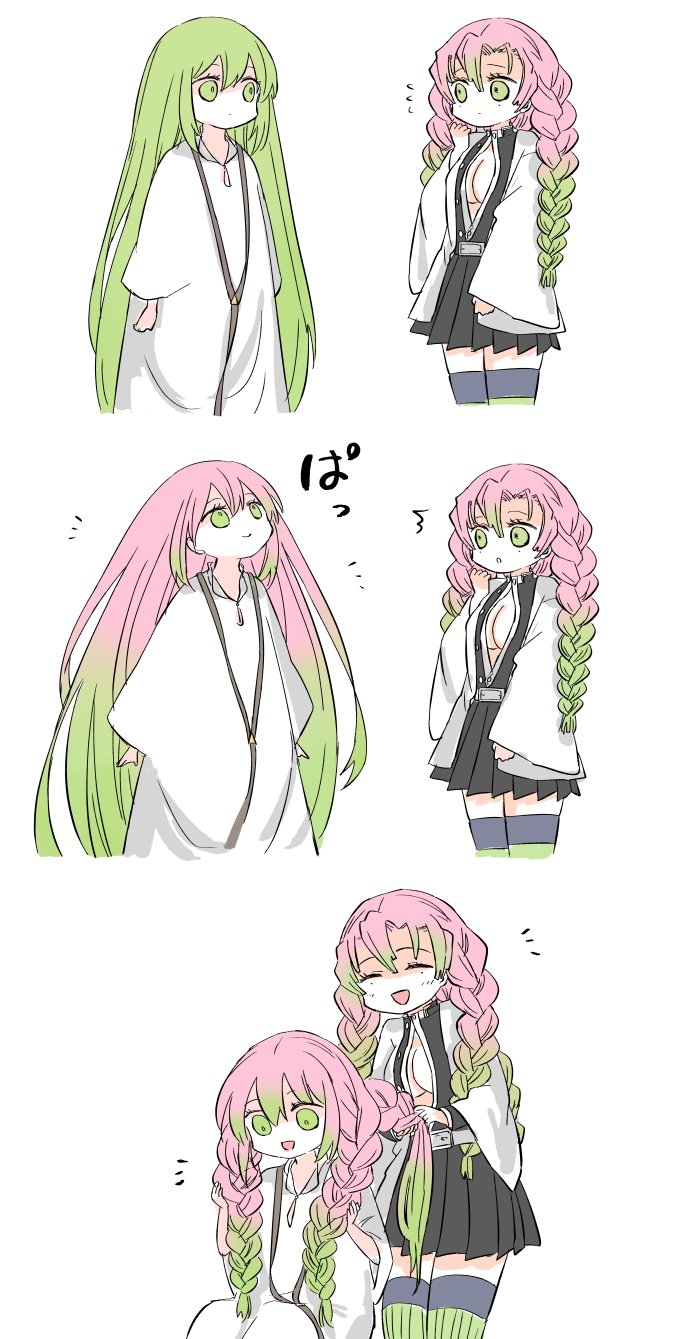 1girl 1other alternate_hair_color braid breasts cleavage cleavage_cutout clothing_cutout commentary_request crossover enkidu_(fate) fate/strange_fake fate_(series) gradient_hair green_eyes green_hair haori highres himeko_(nico6v6pachi) japanese_clothes kanroji_mitsuri kimetsu_no_yaiba large_breasts long_hair miniskirt multicolored_hair pink_hair pleated_skirt ribbed_thighhighs robe sitting skirt thighhighs twin_braids tying_another&#039;s_hair very_long_hair white_robe zettai_ryouiki
