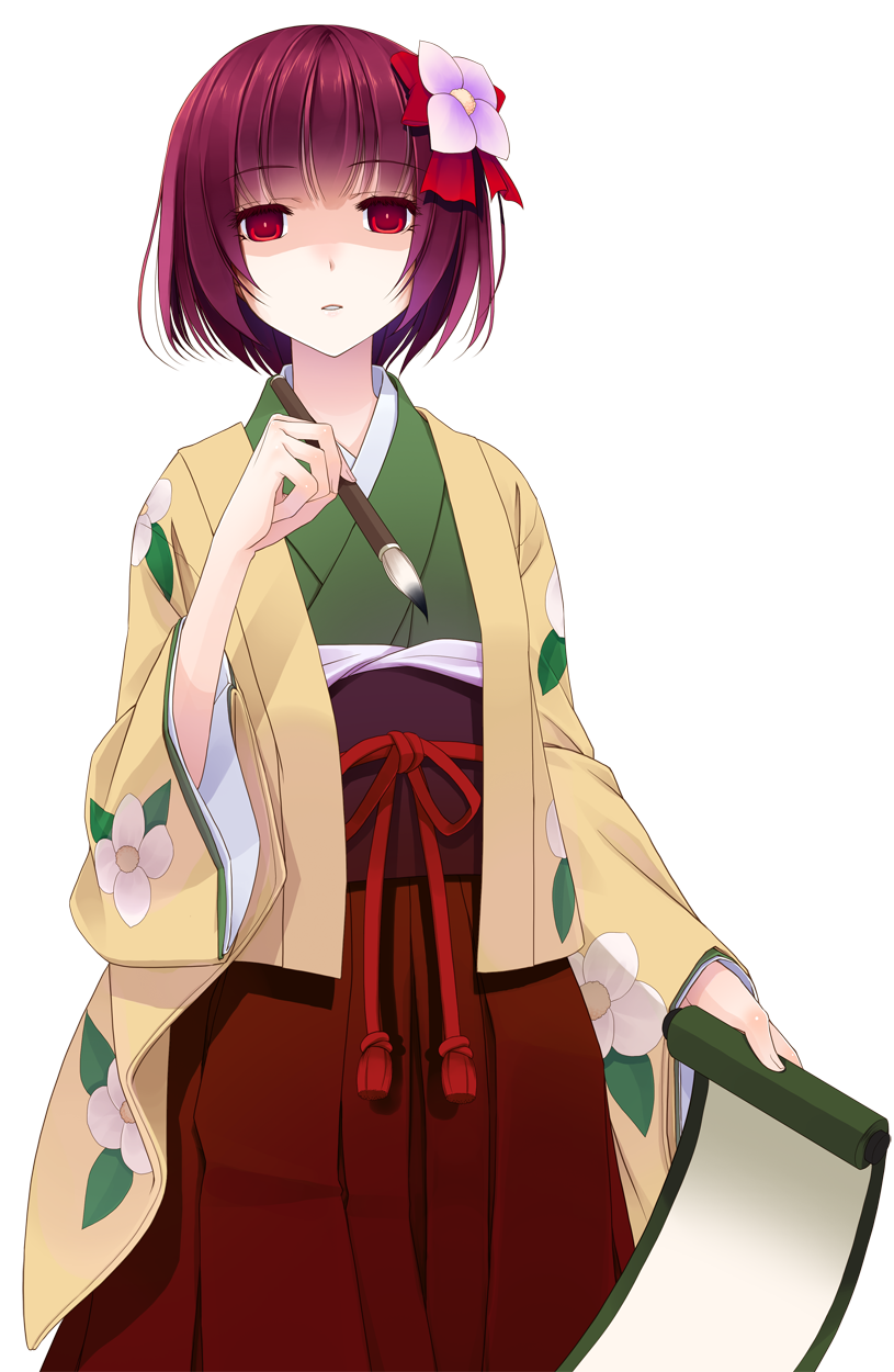 1girl calligraphy_brush crote empty_eyes female_focus flower hair_flower hair_ornament hieda_no_akyuu highres japanese_clothes paintbrush parted_lips purple_hair red_eyes scroll solo touhou transparent_background