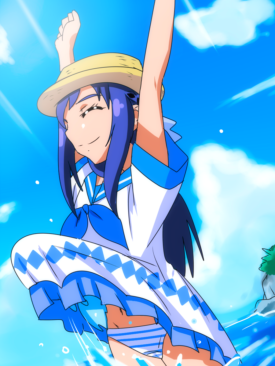 1girl arms_up beach blue_dress blue_hair blue_panties blue_sailor_collar blue_sky blush closed_eyes clothes_pull day dokidoki!_precure dress dress_pull hat highres hishikawa_rikka karuta_(karuta01) long_hair ocean outdoors panties precure rakeru_(dokidoki!_precure) sailor_collar sailor_dress short_sleeves sky straw_hat sun_hat sundress sunlight underwear white_panties