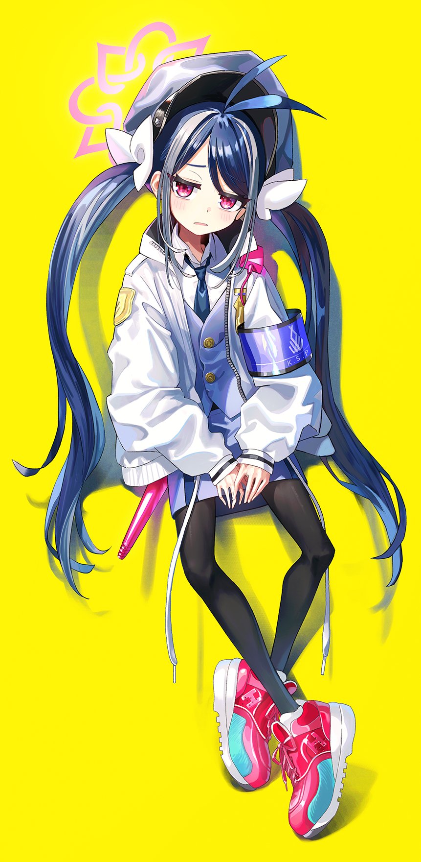 1girl antenna_hair black_pantyhose blue_archive blue_hair blue_necktie blue_skirt blue_vest blush collared_shirt fubuki_(blue_archive) full_body grey_hair grey_hat halo hat highres jacket long_hair long_sleeves looking_at_viewer miyoshi_nao_(miyoshist) necktie open_clothes open_jacket open_mouth pantyhose peaked_cap pink_halo pink_shoes red_eyes shirt shoes simple_background skirt sneakers solo twintails vest white_jacket white_shirt yellow_background