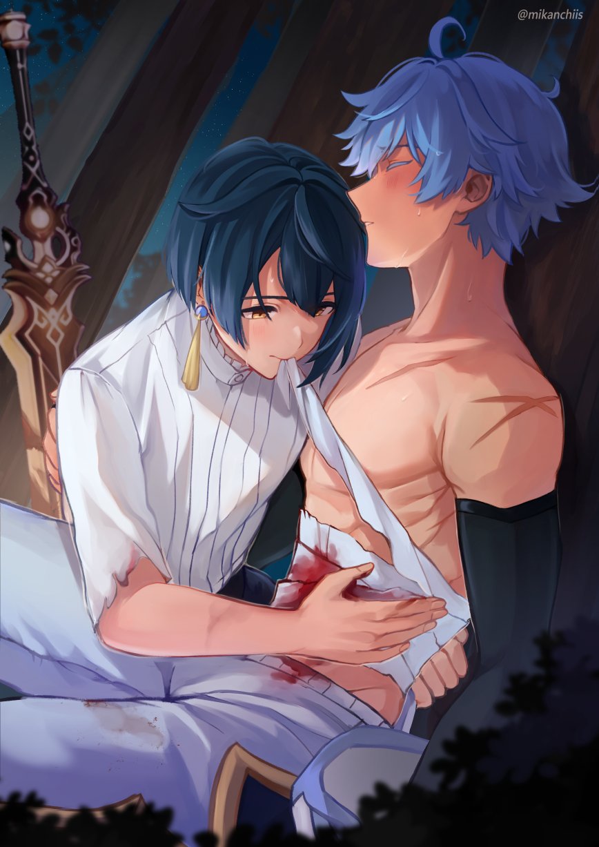 2boys ahoge artist_name asymmetrical_hair bandage_in_mouth black_gloves bleeding blood blood_on_clothes blush chongyun_(genshin_impact) closed_eyes closed_mouth collarbone colored_eyelashes commentary earrings elbow_gloves english_commentary first_aid genshin_impact gloves hair_between_eyes highres injury jewelry male_focus mikanchii mouth_hold multiple_boys night outdoors pants parted_bangs parted_lips pectorals prototype_archaic_(genshin_impact) scar scar_on_chest scar_on_shoulder short_hair short_sleeves single_earring sitting sweat sword tassel tassel_earrings topless_male tree twitter_username weapon white_hair white_pants xingqiu_(genshin_impact) yellow_eyes