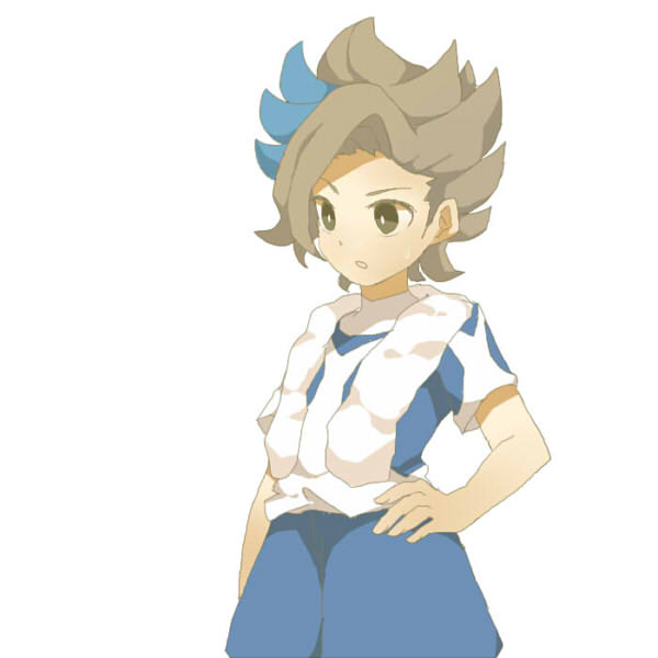 10s 1boy blue_hair brown_hair earth_eleven hand_on_own_hip inazuma_eleven_(series) inazuma_eleven_go inazuma_eleven_go_galaxy male_focus matatagi_hayato mikoto_(cotot) multicolored_hair open_mouth short_hair simple_background soccer_uniform solo sportswear two-tone_hair white_background