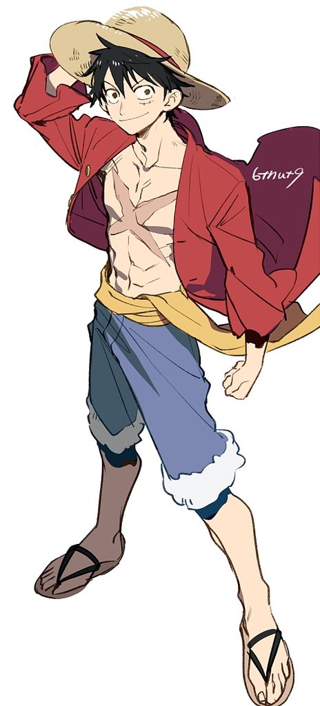 1boy 6tnut9 artist_name black_hair blue_shorts clenched_hand floating_clothes hand_on_headwear hat long_sleeves looking_at_viewer male_focus monkey_d._luffy one_piece open_clothes open_shirt red_shirt sandals sash scar scar_on_chest shirt short_hair shorts simple_background smile solo straw_hat white_background yellow_sash