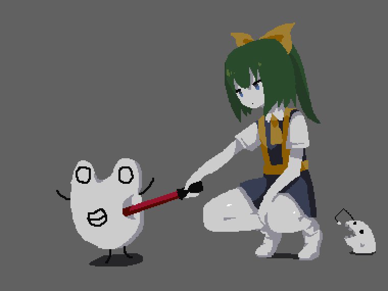 1girl blue_eyes bow closed_mouth collared_shirt colored_skin cookie_(touhou) creature daiyousei diyusi_(cookie) dress expressionless full_body green_hair grey_background grey_dress hair_bow hide_(acceed) high-visibility_clothing high-visibility_vest manatsu_no_yo_no_inmu offside:_diyusi pinafore_dress poking shirt short_hair simple_background sleeveless sleeveless_dress sparseseethe squatting touhou traffic_baton unusually_open_eyes white_shirt white_skin yellow_bow