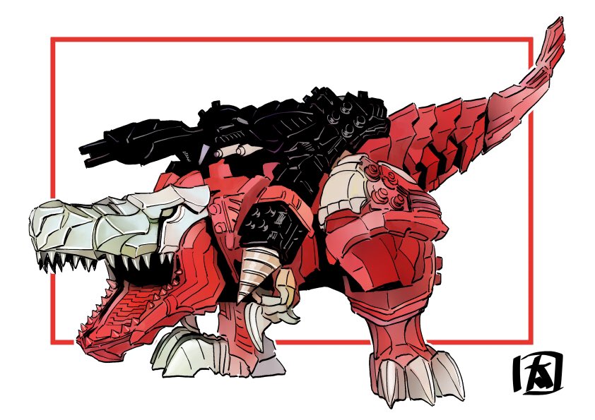 animification border drill green_eyes kishiryu_sentai_ryusoulger mecha mechanical_tail no_humans non-humanoid_robot ohtagaki_yasuo outside_border red_border robot robot_animal science_fiction shoulder_cannon super_sentai tail tokusatsu tyramigo white_background