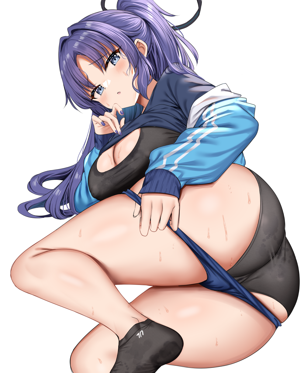 1girl ass black_bra black_halo black_panties black_shirt blue_archive blue_buruma blue_eyes blue_jacket blush bra breasts buruma buruma_pull cleavage clothes_lift clothes_pull commentary_request double_vertical_stripe gym_uniform halo highres jacket kanikou long_hair looking_at_viewer lying mechanical_halo medium_breasts on_side open_mouth panties panties_under_buruma parted_bangs ponytail purple_hair shirt shirt_lift sidelocks simple_background solo sweat thighs underwear white_background yuuka_(blue_archive) yuuka_(track)_(blue_archive)