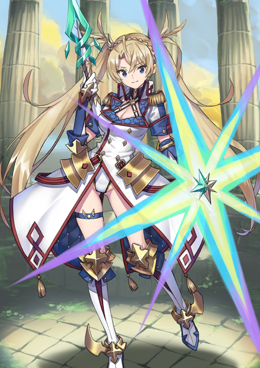 1girl armor armored_boots blonde_hair blue_collar blue_eyes blue_leotard boots bradamante_(fate) bradamante_(second_ascension)_(fate) braid breasts buttons cleavage closed_mouth collar colored_lapels criss-cross_halter crown_braid detached_collar double-breasted elbow_gloves epaulettes fate/grand_order fate_(series) foot_out_of_frame game_cg gloves gluteal_fold gold_armor groin hair_between_eyes halterneck hand_up high_collar highleg highleg_leotard hip_armor holding holding_polearm holding_shield holding_weapon jacket lapels large_breasts leotard long_hair looking_at_viewer multicolored_leotard official_art polearm saitou_masatsugu shield short_sleeves sidelocks skindentation smile solo standing standing_on_one_leg thigh_strap third-party_source twintails two-sided_fabric two-sided_jacket variant_set very_long_hair weapon white_boots white_gloves white_jacket white_leotard wing_collar