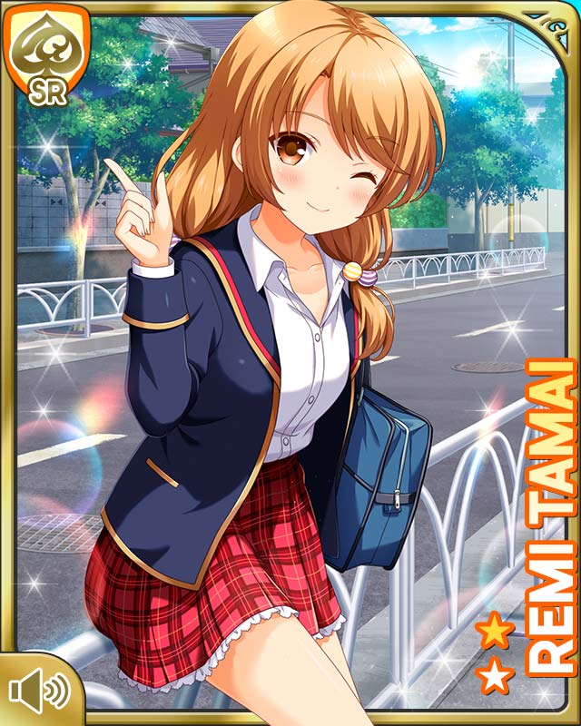 1girl bag brown_eyes brown_hair card_(medium) closed_mouth day girlfriend_(kari) looking_at_viewer low_twintails official_art one_eye_closed outdoors plaid_clothes plaid_skirt pleated_skirt qp:flapper red_skirt school_uniform shirt skirt smile socks solo tagme tamai_remi tanabata twintails white_shirt wink