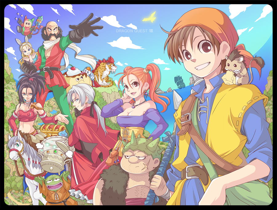 3girls 4boys animal_ears bad_id bad_pixiv_id bald balding bandana bare_shoulders belt bird black_border black_hair blonde_hair blue_eyes blue_sky border breasts bridle brown_eyes brown_hair cat cheese cleavage cloud colored_skin copyright_name day detached_sleeves dragon_quest dragon_quest_viii dress facial_hair facing_viewer fake_animal_ears food grass green_eyes green_skin grey_hair grin hairband hero_(dq8) horse imp_(dragon_quest) jessica_albert kukuru_(dq8) long_hair looking_at_viewer makoto_(xxxmatatavi) medea_(dq8) medium_breasts morrie_mozzarella mouse_(animal) multiple_boys multiple_girls munchie_(dq8) mustache ocean orange_hair outdoors pirate_ship pointy_ears ponytail pot pouch rabbit_ears red_(dq8) sky smile spiked_helmet staff treasure_chest trode yangus