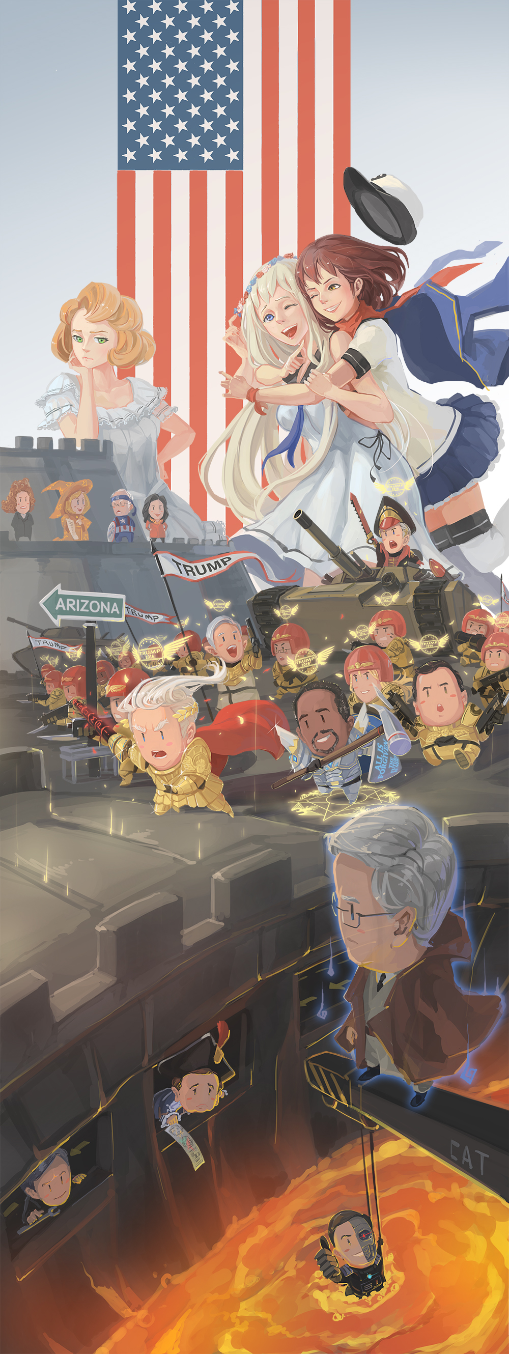 absurdres adeptus_astartes american_flag apron astra_militarum battle bayonet ben_carson bernie_sanders black_hair blonde_hair blue_eyes blue_skirt breasts captain_america captain_america_(cosplay) chibi chris_christie cocktail cocktail_glass commissar cosplay crane_(machine) cup debbie_wasserman_schultz donald_trump dreadnought_(warhammer_40k) dress drinking_glass ea_(fate) emperor_of_mankind emperor_of_mankind_(cosplay) fate/stay_night fate_(series) gilgamesh_(fate) gilgamesh_(fate)_(cosplay) green_eyes gun hairband hammer hat head_rest helmet highres hillary_clinton hug hug_from_behind jeb_bush john_kasich kantai_collection looking_at_viewer magic_circle marco_rubio marvel medium_breasts military military_vehicle milo_yiannopoulos motor_vehicle multiple_boys multiple_girls musket no_gloves one_eye_closed open_mouth orange_hat pacific_(kancolle) politician politics real_life real_life_insert rifle sideboob sima_naoteng skirt star_wars sword tank ted_cruz terminator_(series) the_terminator thighhighs tulsi_gabbard unworn_hat unworn_headwear uss_arizona_(bb-39) uss_florida_(bb-30) uss_missouri_(bb-63) vehicle war_hammer warhammer warhammer_40k weapon white_dress white_hair white_legwear witch_hat