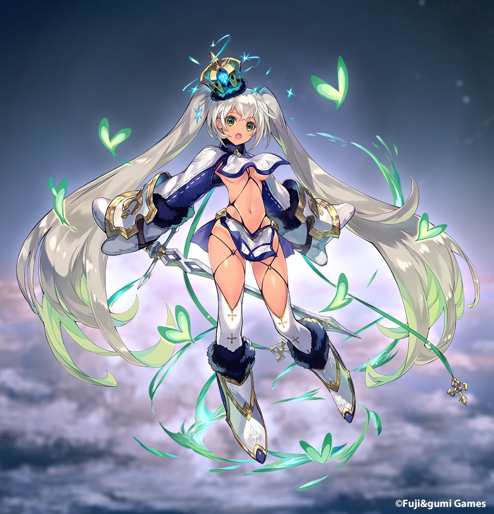 1girl :o absurdly_long_hair ancient_killers_(phantom_of_the_kill) breast_curtain commentary_request company_name crossed_bangs crown damocles_(phantom_of_the_kill) full_body gloves green_eyes grey_hair hair_between_eyes heart holding holding_sword holding_weapon long_hair long_sleeves looking_at_viewer midriff navel official_art phantom_of_the_kill second-party_source socks solo standing standing_on_one_leg sword thighhighs thighs twintails very_long_hair weapon white_footwear white_gloves white_socks