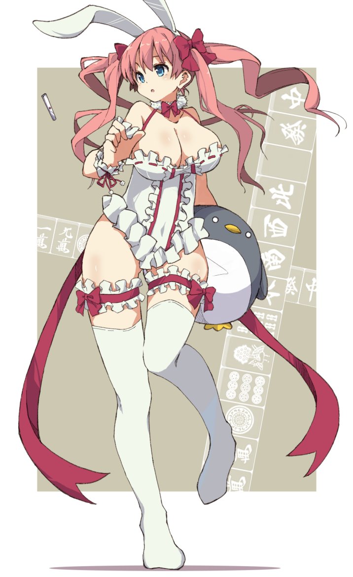 1girl animal_ears blue_eyes breasts cleavage corset etopen fake_animal_ears frilled_thigh_strap frills hair_ornament hair_ribbon haramura_nodoka large_breasts long_hair looking_to_the_side mahjong mahjong_tile pink_hair rabbit_ears ribbon saki_(manga) tenbou thigh_strap thighhighs thighs tom_q_(tomtoq) twintails white_corset