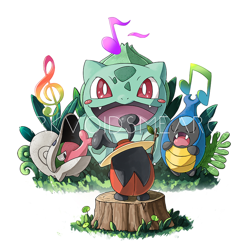 :d artist_name bright_pupils bulbasaur closed_eyes commentary darkvoiddoble fangs gen_1_pokemon gen_4_pokemon gen_5_pokemon grass karrablast kricketot music musical_note nintendo open_mouth pokemon red_eyes shelmet singing smile standing tongue tree_stump u_u white_background white_pupils
