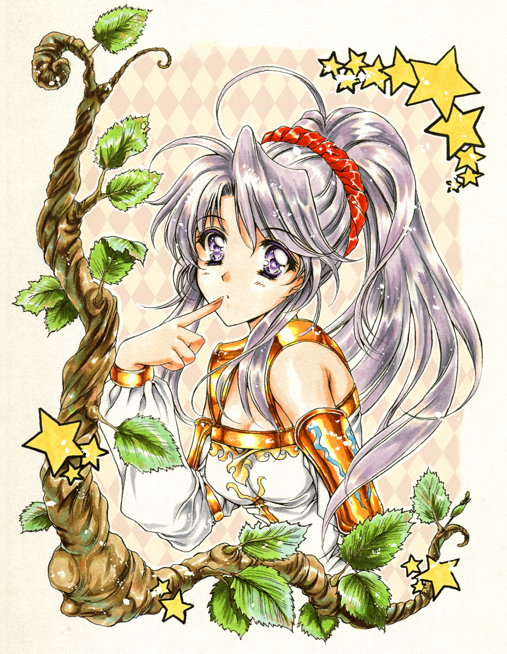1girl bracelet branch closed_mouth detached_sleeves dot_mouth dress fire_emblem fire_emblem:_genealogy_of_the_holy_war gold gold_armlet gold_bracelet hair_ornament hair_scrunchie hand_to_own_mouth hand_up highres jewelry leaf long_hair long_sidelocks long_sleeves looking_at_viewer nintendo parted_bangs ponytail puffy_long_sleeves puffy_sleeves purple_eyes purple_hair red_scrunchie scrunchie sidelocks solo star_(symbol) tailtiu_(fire_emblem) tamiya_akito upper_body white_dress white_sleeves