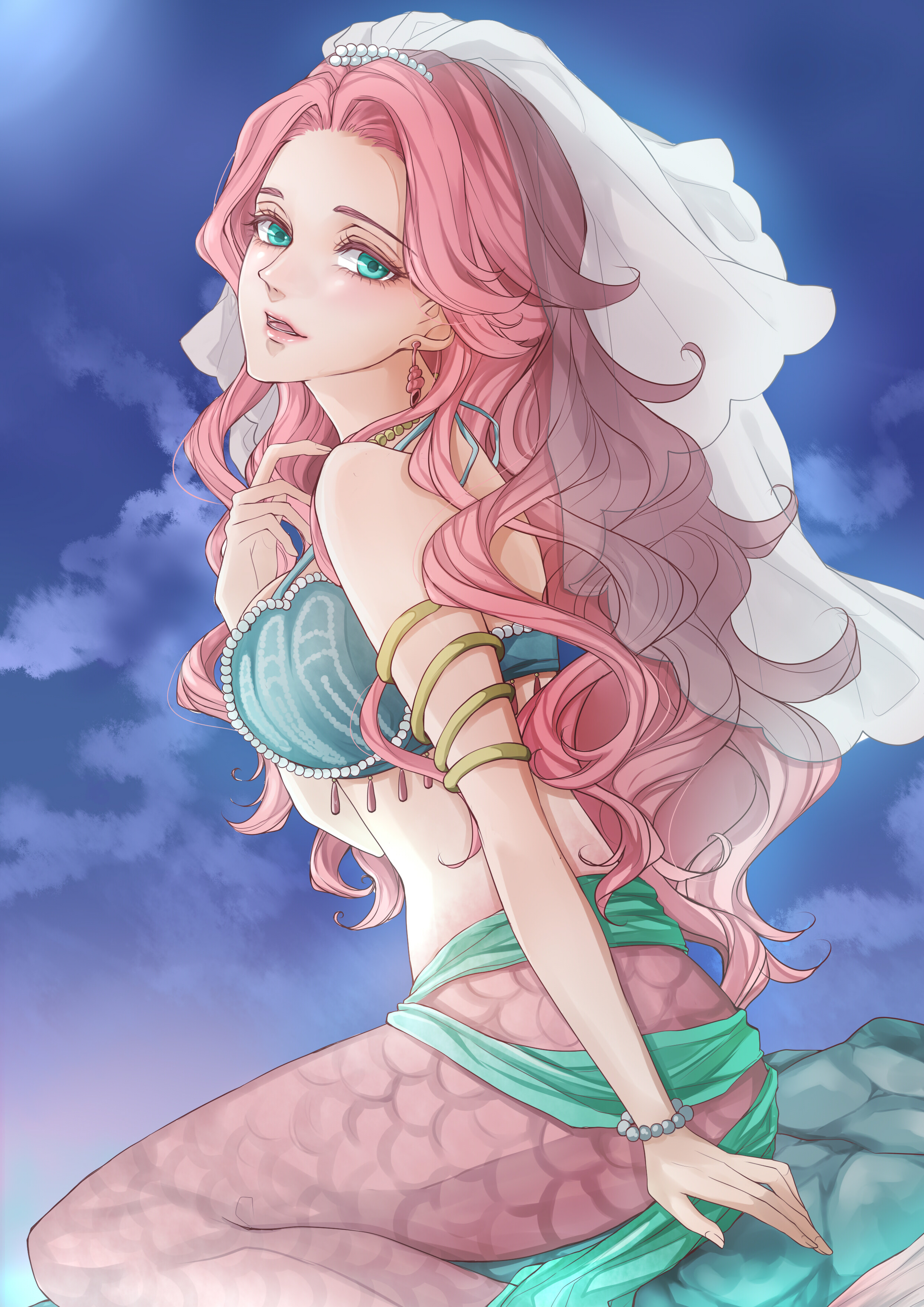 1girl absurdres aqua_bra aqua_eyes armlet banirario bead_bracelet bead_necklace beads blue_sky bra bracelet breasts bridal_veil colored_eyelashes commentary curly_hair dragon_quest dragon_quest_xi earrings gold_armlet highres jewelry looking_at_viewer looking_to_the_side medium_breasts mermaid monster_girl multiple_armlets necklace open_mouth pink_hair pink_scales romia_(dq11) sitting sky solo underwear veil white_veil