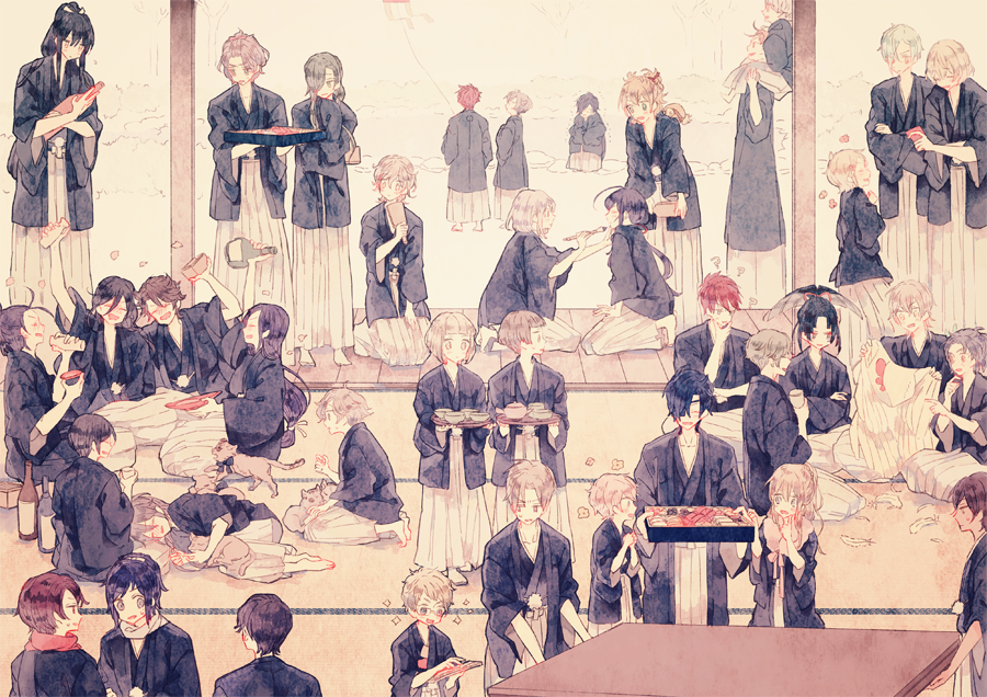 10s 6+boys ahoge aizen_kunitoshi akashi_kuniyuki akita_toushirou black_hair blonde_hair blue_eyes bottle brown_eyes brown_hair calligraphy_brush cup drunk eyepatch closed_eyes glasses gokotai gokotai&#039;s_tigers green_hair hagoita hakama hakama_skirt hakata_toushirou heshikiri_hasebe higekiri_(touken_ranbu) hirano_toushirou hizamaru_(touken_ranbu) honebami_toushirou horikawa_kunihiro hotarumaru houchou_toushirou ima-no-tsurugi iwatooshi izumi-no-kami_kanesada japanese_clothes jirou_tachi kamekichi kasen_kanesada kashuu_kiyomitsu kite kogarasumaru_(touken_ranbu) maeda_toushirou male_focus metro_(metro000) midare_toushirou monoyoshi_sadamune multiple_boys mutsu-no-kami_yoshiyuki namazuo_toushirou new_year nihongou_(touken_ranbu) nikkari_aoe ookanehira_(touken_ranbu) ookurikara open_mouth osechi paddle paintbrush ponytail purple_hair red_eyes red_hair sakazuki shinano_toushirou shokudaikiri_mitsutada skirt smile taikogane_sadamune tarou_tachi teapot tiger tiger_cub touken_ranbu tray tsurumaru_kuninaga turtle uguisumaru urashima_kotetsu white_tiger yagen_toushirou yamato-no-kami_yasusada yellow_eyes