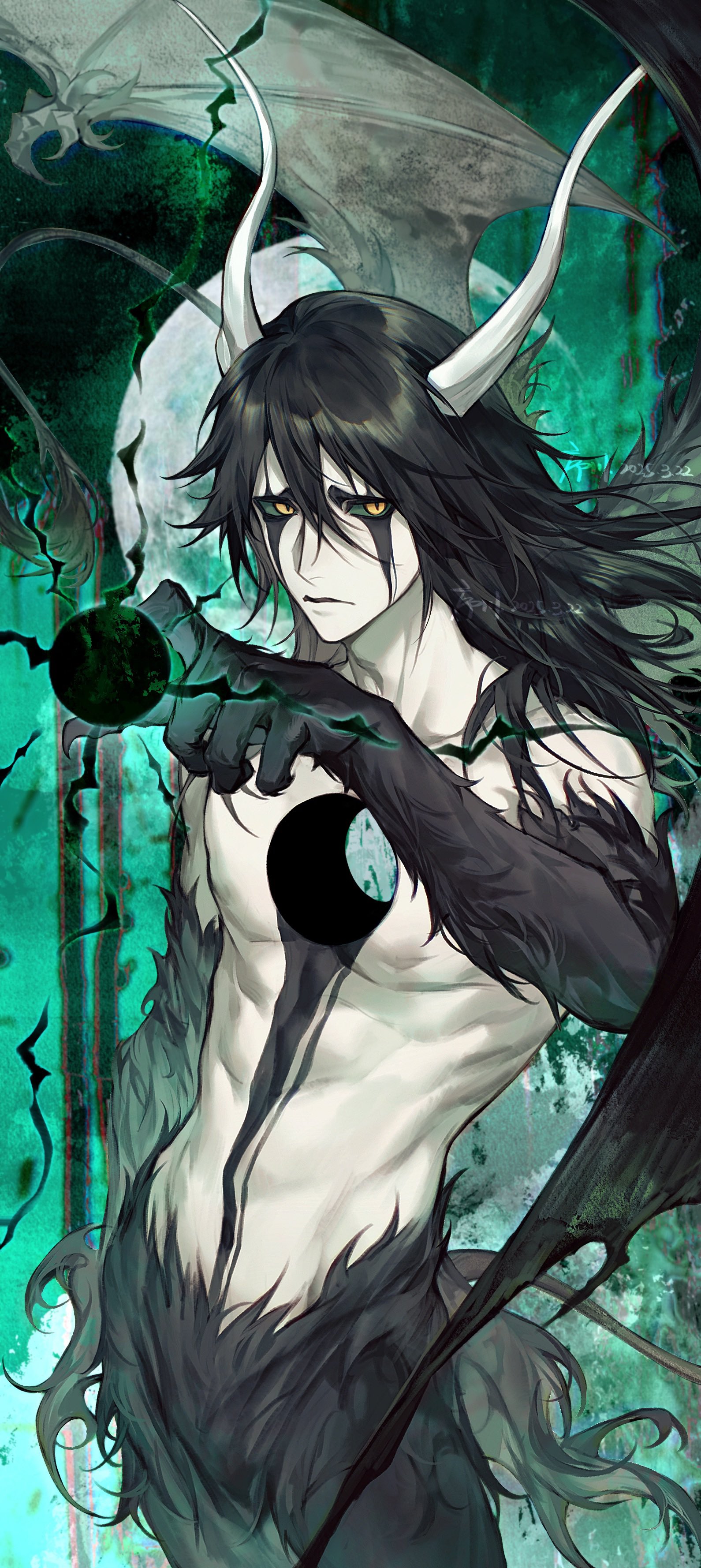 1boy absurdres alternate_form black_fur bleach closed_mouth colored_sclera colored_skin cowboy_shot demon_boy demon_horns demon_tail demon_wings energy_ball espada facial_mark fur-tipped_tail green_sclera grey_skin hair_between_eyes highres hole_in_chest hole_on_body horns long_hair looking_at_viewer moon resurreccion slit_pupils solo tail topless_male ulquiorra_cifer wings xuchuan yellow_eyes