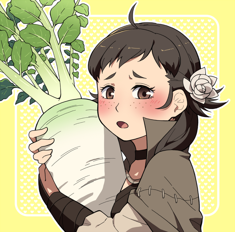 1girl ahoge brown_eyes brown_hair choker collared_cloak fire_emblem fire_emblem_fates flower food hair_flower hair_ornament holding holding_food holding_vegetable lao_wen mozu_(fire_emblem) nintendo radish solo vegetable white_flower wrist_guards