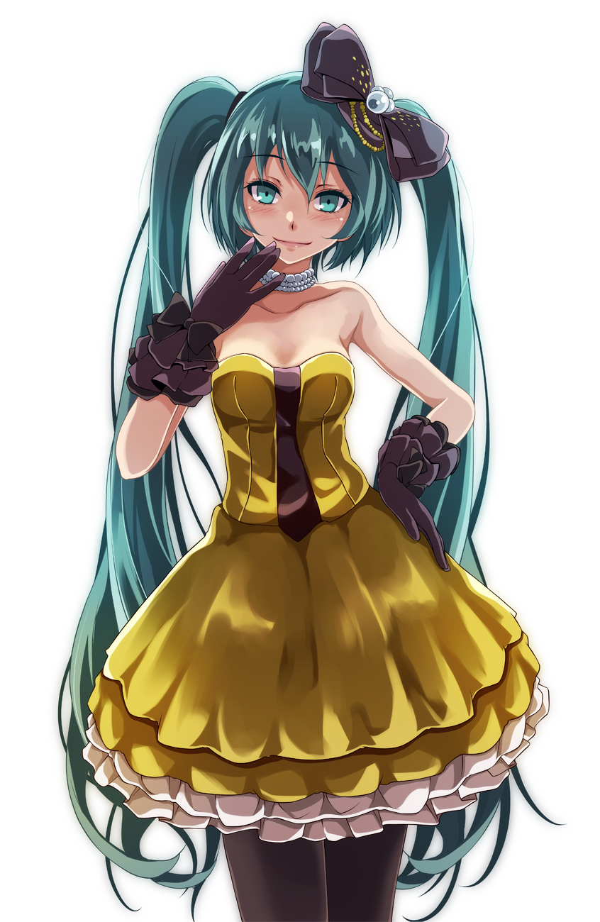 1girl ahoge armpits black_bow black_gloves black_pantyhose blue_eyes blue_hair blush bow breasts brown_pantyhose choker cleavage collarbone dress female_focus gloves hair_between_eyes hair_bow hatsune_miku hatsune_miku_(siren) highres kochira_koufuku_anshin_iinkai_desu_(vocaloid) layered_dress long_hair looking_at_viewer medium_breasts pantyhose short_dress simple_background sleeveless sleeveless_dress smile solo standing standing_on_one_leg strapless strapless_dress teeth tsukishiro_saika twintails upper_teeth_only very_long_hair vocaloid white_background yellow_dress