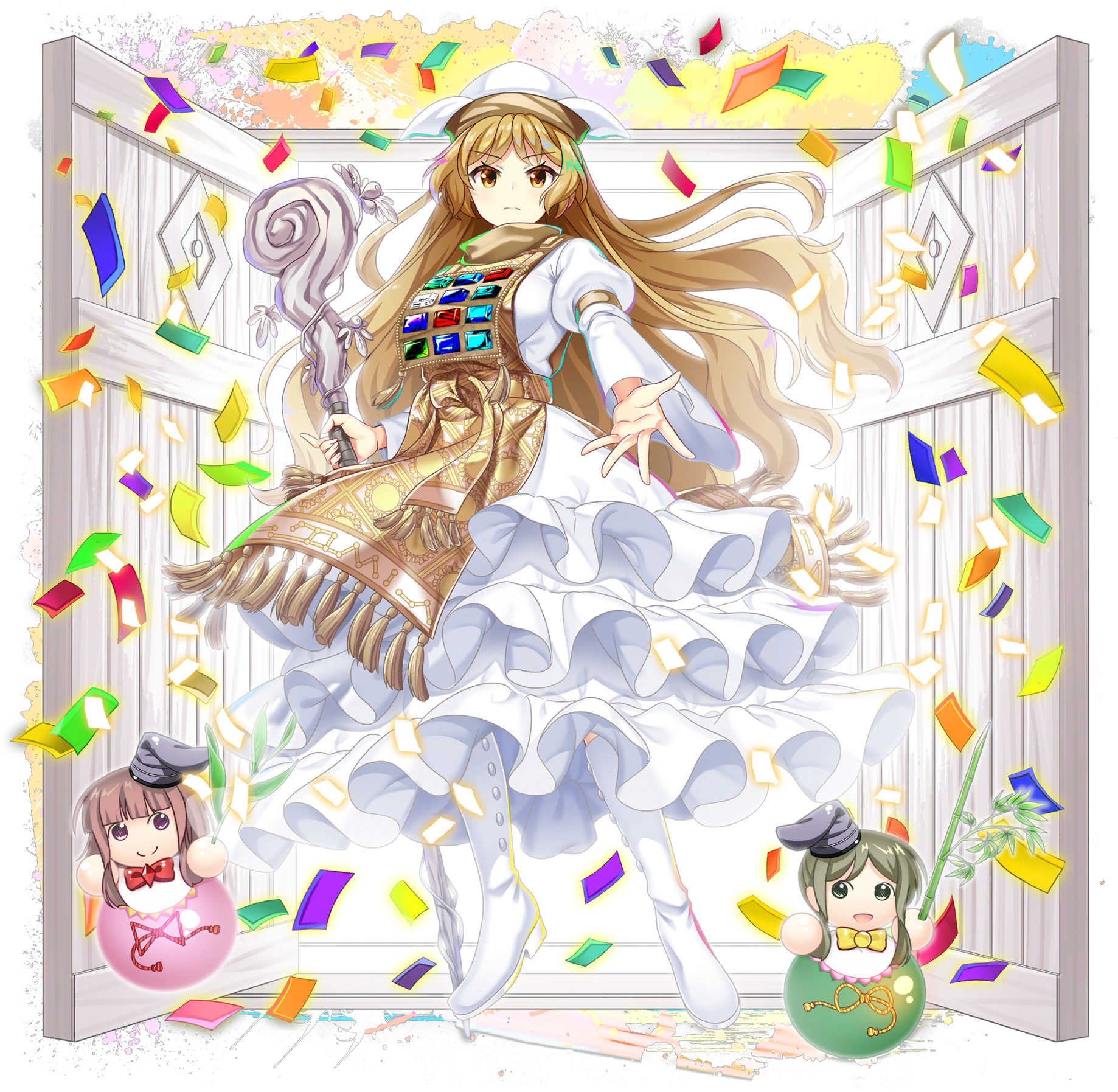 1girl alternate_costume alternate_headwear_color bamboo blonde_hair blue_gemstone boots character_doll closed_mouth confetti constellation_print doll door dress frilled_dress frills game_cg gem gem-studded green_gemstone hat highres holding holding_staff long_hair long_sleeves looking_at_viewer matara_okina myouga_(plant) nishida_satono official_art red_gemstone rotte_(1109) solo staff sun_print sun_symbol tabard tassel tate_eboshi teireida_mai third-party_source touhou touhou_lostword transparent_background very_long_hair white_boots white_dress white_hat wide_sleeves yellow_tabard