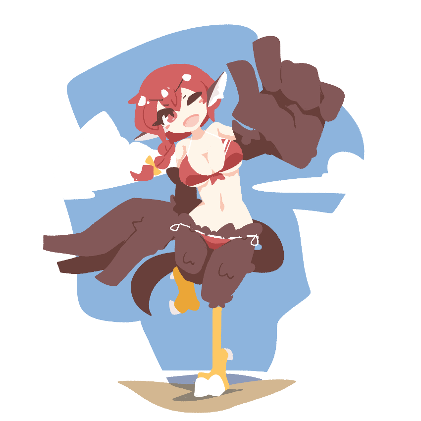 1girl animal_ears bare_shoulders big_o_pants bikini bird_ears bird_legs bird_tail blush_stickers brown_feathers brown_wings commentary feather_fingers feathered_wings feathers fio-chan_(big_o_pants) harpy long_hair monster_girl navel no_lineart one_eye_closed open_mouth original outdoors red_bikini red_eyes red_hair side-tie_bikini_bottom solo standing standing_on_one_leg swimsuit tail talons winged_arms wings