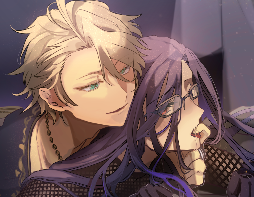 2boys ahoge aka46725 aladdin_(sinoalice) black_gloves blonde_hair brown-framed_eyewear commission curtains drooling finger_in_another&#039;s_mouth fishnet_top fishnets glasses gloves green_eyes hameln_(sinoalice) happy jewelry looking_at_another lying_on_person male_focus multiple_boys necklace open_mouth purple_hair red_eyes saliva second-party_source sinoalice tongue tongue_out yaoi
