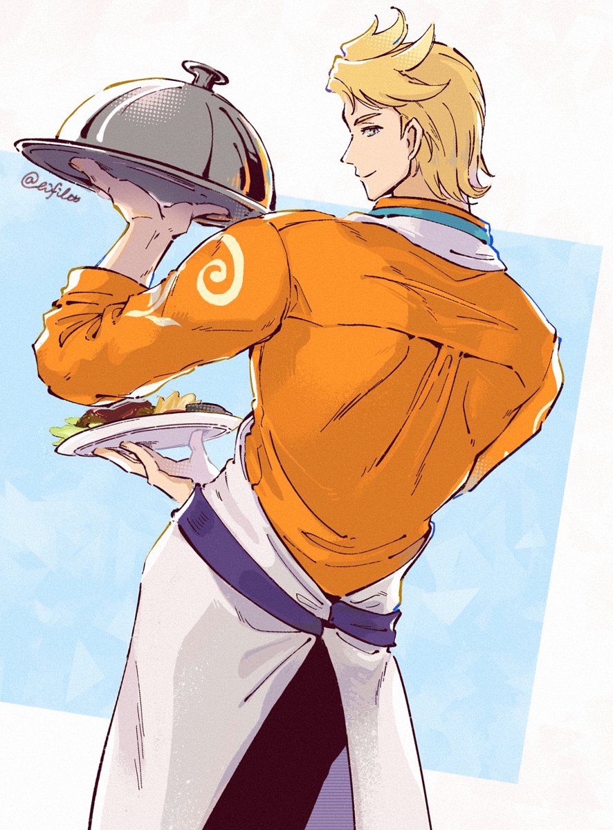 1boy apron blonde_hair bunet_(fire_emblem) eifilet fire_emblem fire_emblem_engage from_behind highres holding holding_plate holding_tray looking_at_viewer nintendo plate smile tray upper_body