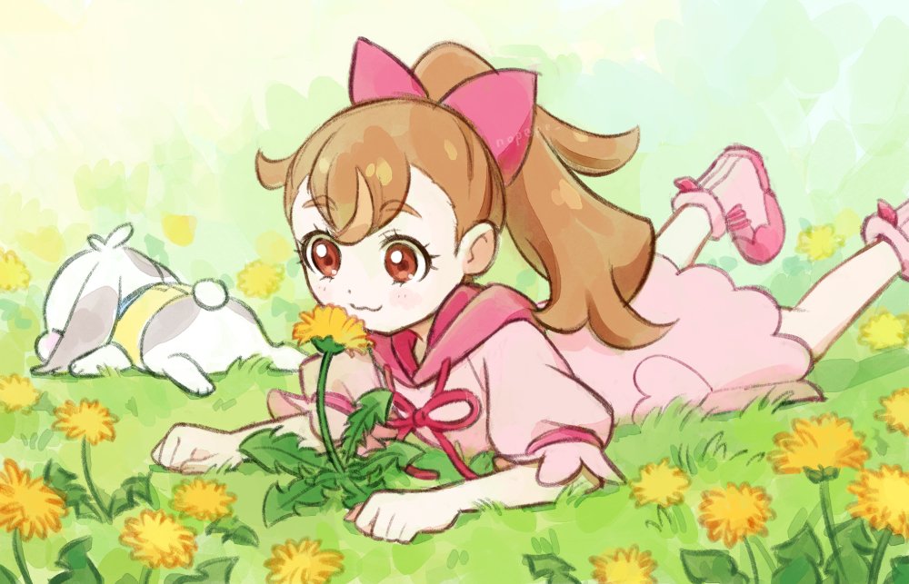 1girl :3 bow brown_eyes brown_hair daifuku_(precure) dress flower hair_bow hood hood_down hooded_dress inukai_komugi long_hair looking_at_flowers lying nopepe on_grass on_stomach outdoors pink_dress ponytail precure puffy_short_sleeves puffy_sleeves rabbit ribbon shoes short_sleeves sneakers toyama_daifuku white_rabbit_(animal) wonderful_precure! yellow_flower