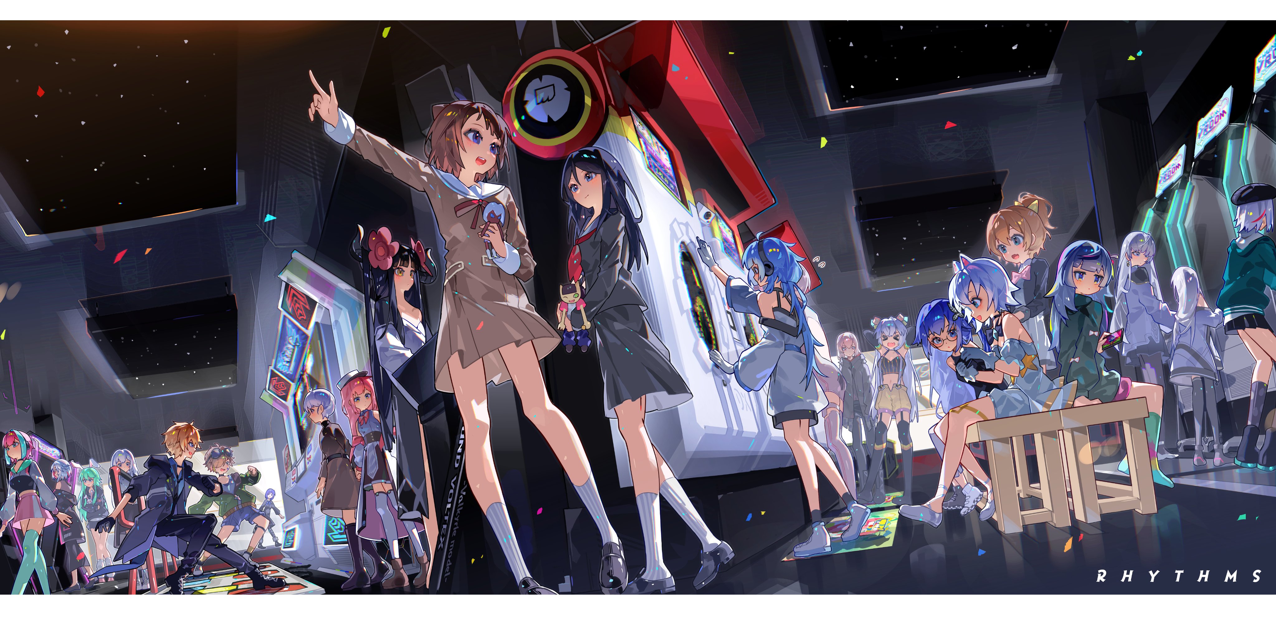 >_< 2boys 6+girls absurdres allison_(vivid/stasis) animal_ears arcade arcade_cabinet arcaea arms_behind_head bandaid bandaid_on_face bang_dream! beatmania_(series) beatmania_iidx belt bemani beret black_belt black_boots black_choker black_gloves black_hair black_hat black_horns black_jacket black_necktie black_pants black_shirt black_shoes black_skirt black_socks black_thighhighs black_undershirt blonde_hair blue_eyes blue_hair blue_shirt blue_shorts blue_thighhighs blush bolt_(rotaeno) boots bow brown_boots brown_dress brown_hair butterfly_hair_ornament carrot_(dynamix) cat_ears choker chunithm closed_mouth collared_shirt commentary cone_hair_bun crop_top cropped_hoodie crossover cube_hair_ornament cytus cytus_ii damsel_(tone_sphere) deemo deemo_ii diein_(djmax) djmax doll double_bun dress dynamix echo_(deemo) ellia ellia_(series) fang flower gino_(phigros) glasses gloves goggles goggles_on_head green_hair green_jacket groove_coaster hair_bow hair_bun hair_flower hair_ornament hanasakigawa_school_uniform hat headphones highres hinata_chinatsu hiro_(yoshi_chan) holding holding_doll hood hood_down hooded_jacket hoodie horns hoshikawa_sera hoshino_ichika_(project_sekai) indoors insight_(arcaea) ivy_(cytus) jacket leotard leyla_(music_diver) lily_(wacca) linka_(groove_coaster) loafers long_hair long_sleeves looking_at_another luvia_(milthm) maimai_(game) mash_vp!_re:vision medium_hair milk_(maimai) milthm miyamasuzaka_girls'_academy_school_uniform multicolored_hair multiple_boys multiple_crossover multiple_girls muse_dash music_diver navel neck_ribbon neckerchief necktie noisz_starlivht nyami_(pop'n_music) ongeki open_clothes open_jacket open_mouth pants phigros pink_bow pink_hair pink_skirt playing_games pointing ponytail pop'n_music project_sekai pump_it_up purple_eyes purple_hair ra-s rabbit_ears red_neckerchief red_ribbon ribbon rizline rotaeno sailor_collar sailor_dress sakuraba_shion school_uniform shii_(siixtar_gate) shirt shoes short_hair shorts sitting sixtar_gate skin_fang skirt sleeveless sleeveless_shirt socks sound_voltex standing streaked_hair striped_clothes striped_socks takumi3 thighhighs tone_sphere toyama_kasumi tran_(beatmania) undershirt very_long_hair vivid/stasis wacca white_gloves white_hair white_hat white_jacket white_leotard white_sailor_collar white_shirt white_shoes white_skirt white_socks white_thighhighs yellow_bow yellow_eyes yellow_shorts yellow_socks yoso_(rizline)