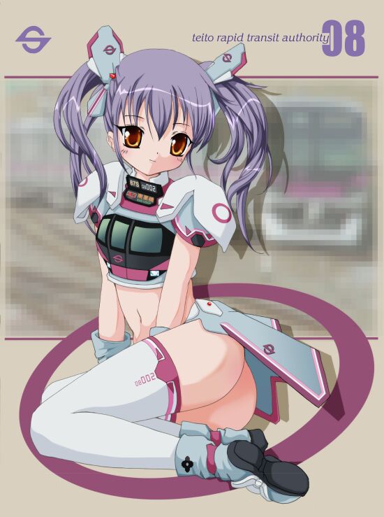 1girl 2000s_(style) archived_source ashita_yaru ass blue_footwear closed_mouth commentary_request full_body hair_between_eyes light_purple_hair looking_at_viewer medium_hair navel orange_eyes original personification sitting smile solo thighhighs train twintails white_thighhighs yokozuwari