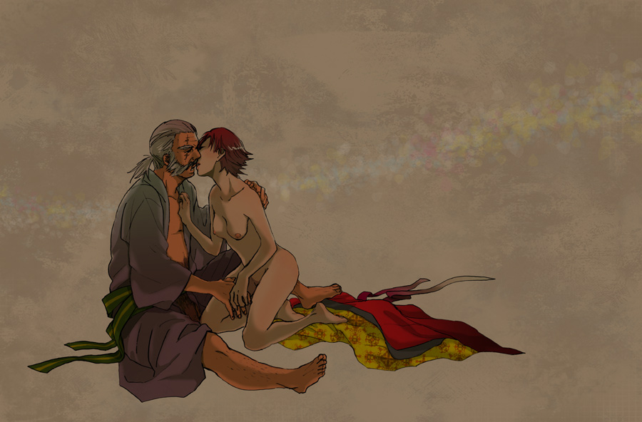 9_(bie) bad_id breasts brown_eyes facial_hair grey_hair kiss nipples nude shimazu_yoshihiro short_hair tachibana_ginchiyo