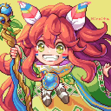 1other :d artist_name facepaint feather_hair_ornament feathers green_robe hair_ornament hiroita holding holding_staff leaf long_hair looking_at_viewer lowres open_mouth pixel_art popoi_(seiken_densetsu_2) red_hair robe seiken_densetsu seiken_densetsu_2 sharp_teeth smile staff standing teeth two-tone_robe yellow_robe