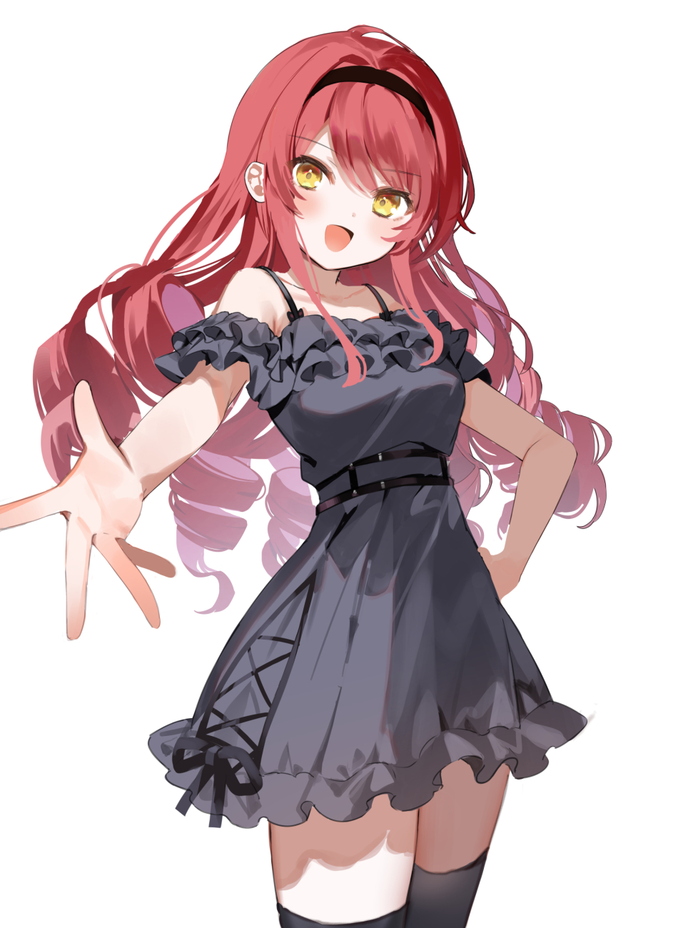 1girl :d bare_shoulders black_dress black_hairband black_ribbon black_thighhighs blush breasts collarbone commentary_request cowboy_shot dress drill_hair frilled_dress frills hairband hand_on_own_hip highres kanda_done long_hair looking_at_viewer medium_breasts open_mouth original reaching reaching_towards_viewer red_hair ribbon short_sleeves simple_background smile solo spaghetti_strap swept_bangs thighhighs white_background yellow_eyes zettai_ryouiki