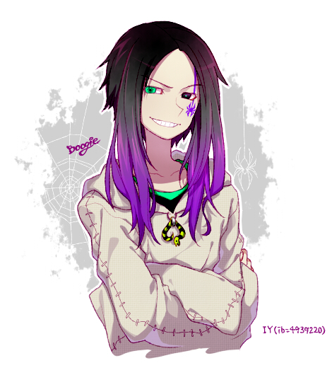 androgynous black_hair bug character_name crossed_arms facepaint gender_request gradient_hair green_eyes grin kiri_futoshi long_hair looking_at_viewer multicolored_hair oogie_boogie parted_lips purple_hair silk smile solo spider spider_web teeth the_nightmare_before_christmas two-tone_hair