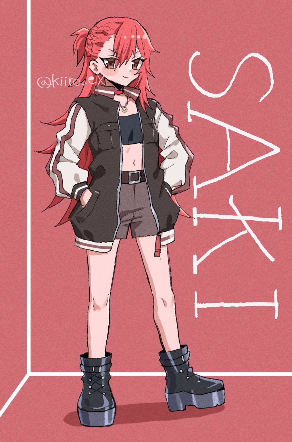 1girl ankle_boots belt black_boots black_tube_top blush_stickers bomber_jacket boots brown_belt brown_eyes brown_shorts character_name choker cornrows crop_top earrings flipped_hair full_body hair_between_eyes half_updo hands_in_pockets highres hiiro_(kiiro_ex) jacket jewelry kimi_no_koto_ga_dai_dai_dai_dai_daisuki_na_100-nin_no_kanojo long_sleeves looking_at_viewer midriff navel necklace parted_bangs platform_boots red_background red_choker red_hair shorts single_sidelock smile solo standing strapless tomogara_saki tube_top twitter_username v-shaped_eyebrows