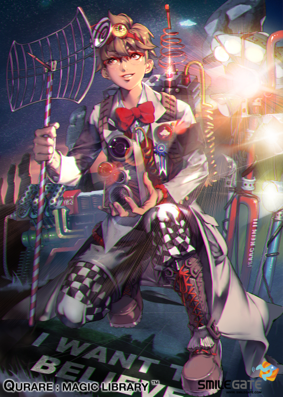 1boy artist_name boots bow bowtie brown_hair character_request chromatic_aberration coat collared_shirt commentary_request company_name copyright_name english_text glasses holding isaac_hein_iii korean_commentary lace-up_boots logo long_sleeves looking_away male_focus moai night object_request official_art outdoors pants qurare_magic_library red_bow red_bowtie shirt shoelaces sky smile solo star_(sky) starry_sky watermark web_address white_shirt