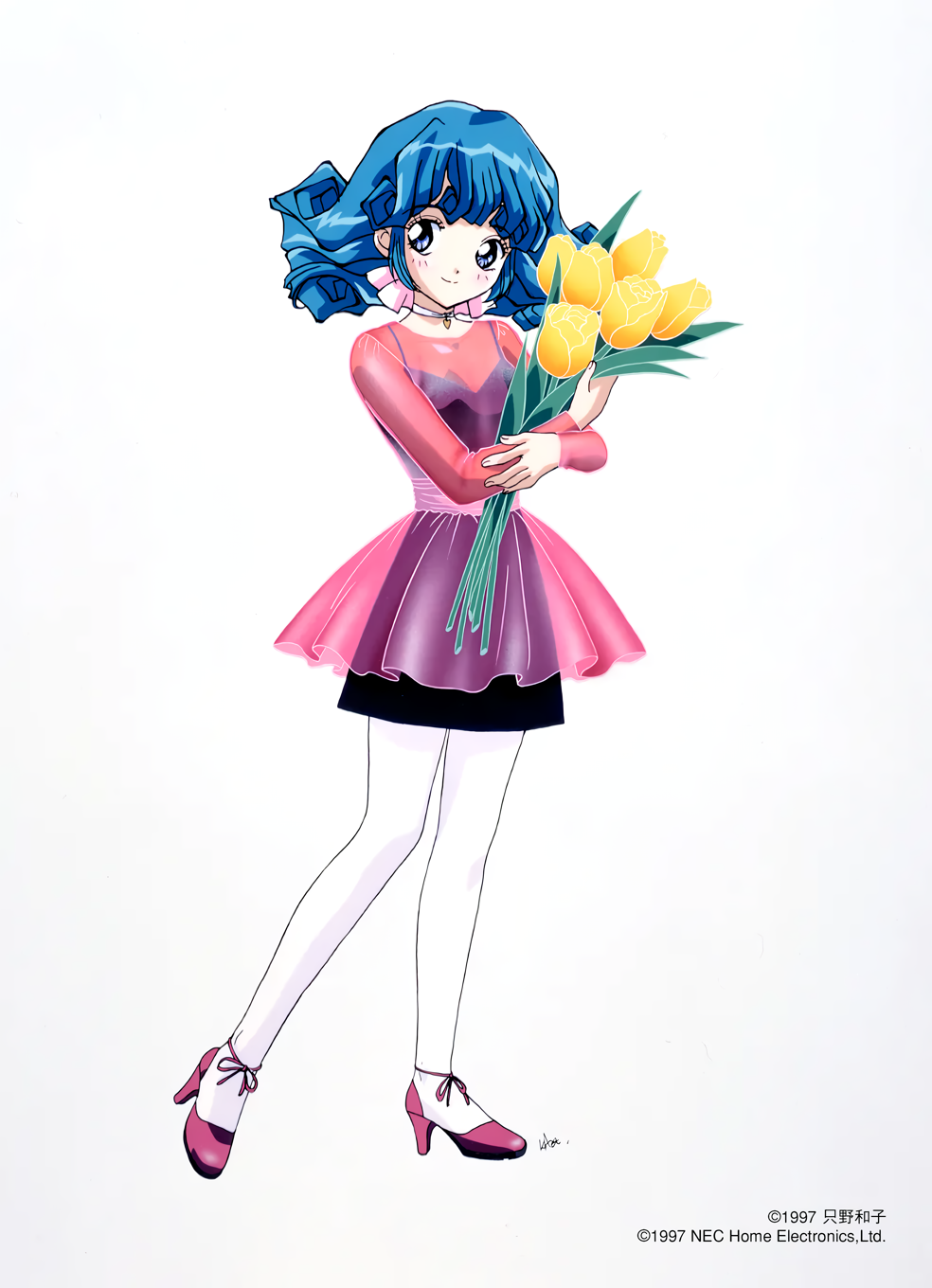 1990s_(style) 1girl aqua_hair blue_eyes choker copyright_notice dress flower full_body high_heels highres holding holding_flower layered_dress long_sleeves looking_at_viewer non-web_source official_art pantyhose pink_dress pink_shoes retro_artstyle rolfee see-through_clothes shoes short_dress simple_background solo strappy_heels tadano_kazuko tonari_no_princess_rolfee white_background white_pantyhose