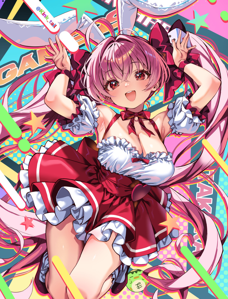 1girl :d animal_ears antenna_hair armpits arms_up bow bow_choker breasts choker cleavage commentary_request crossed_bangs detached_sleeves di_gi_charat dice_hair_ornament frilled_skirt frills hair_between_eyes hair_bow hair_intakes hair_ornament high-waist_skirt kink_(tortoiseshell) large_breasts long_hair majin_gappa open_mouth pink_hair puffy_detached_sleeves puffy_sleeves rabbit_ears rabbit_girl rabbit_pose red_bow red_choker red_eyes red_shoes red_skirt shirt shoes skirt sleeveless sleeveless_shirt smile socks solo twintails usada_hikaru very_long_hair white_shirt white_sleeves white_socks wrist_bow