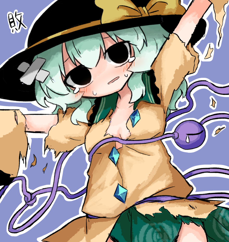 1girl black_eyes black_hat blue_background blush breasts buttons defeat diamond_button empty_eyes eyeball frilled_shirt_collar frilled_sleeves frills green_hair green_skirt hat heripantomorrow komeiji_koishi outstretched_arms raised_inner_eyebrows ribbon shirt skirt small_breasts solo spread_arms sweat tearing_up teeth third_eye torn_clothes torn_shirt touhou yellow_ribbon yellow_shirt