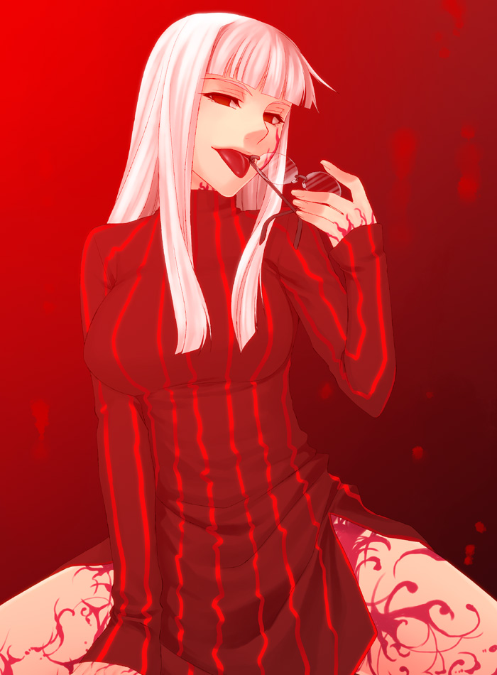 1girl alternate_universe bad_id bad_pixiv_id breasts dark_persona fate/stay_night fate_(series) female_focus glasses himuro_kane large_breasts licking ogera_okera red_eyes solo tongue tongue_out white_hair