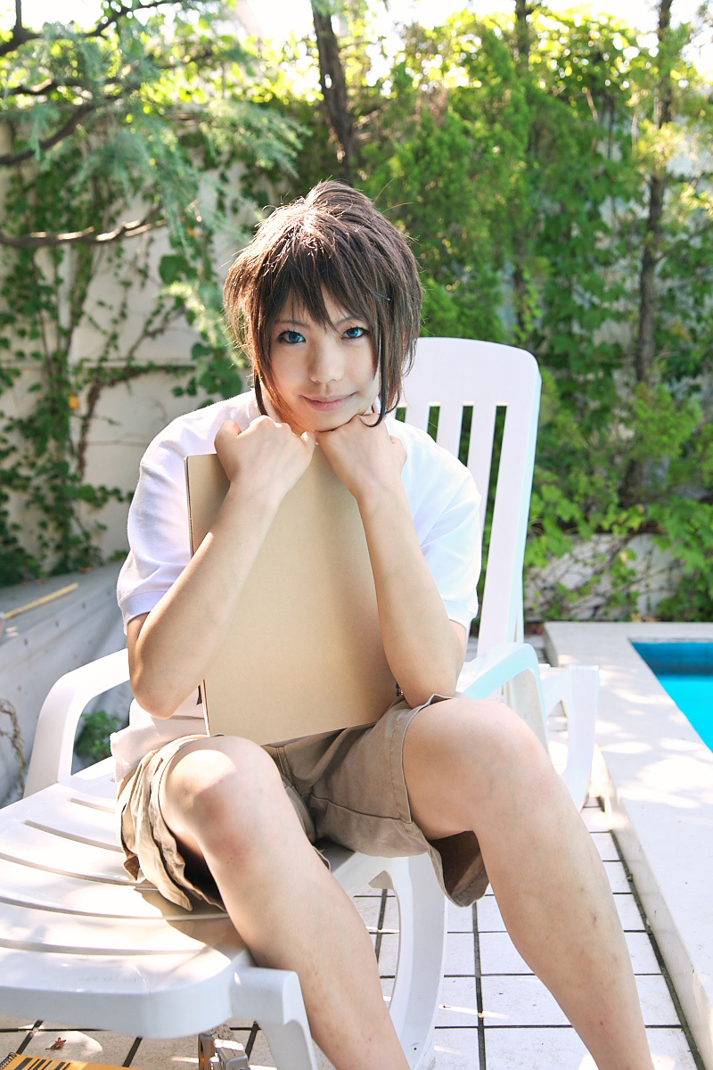 cosplay highres my-hime photo_(medium) shirt shorts sketchbook t-shirt tokiha_takumi