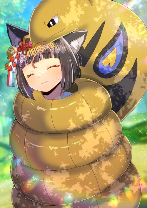 1girl alternate_color animal_ear_fluff animal_ears arbok azur_lane blurry blurry_background blush brown_hair closed_eyes closed_mouth commentary_request commission constriction crossover day depth_of_field forked_tongue fox_ears gen_1_pokemon hair_ornament kou_hiyoyo mutsu_(azur_lane) nintendo outdoors pokemon pokemon_(creature) shade shiny_pokemon short_hair skeb_commission small_sweatdrop snake_bondage sweat tongue tree