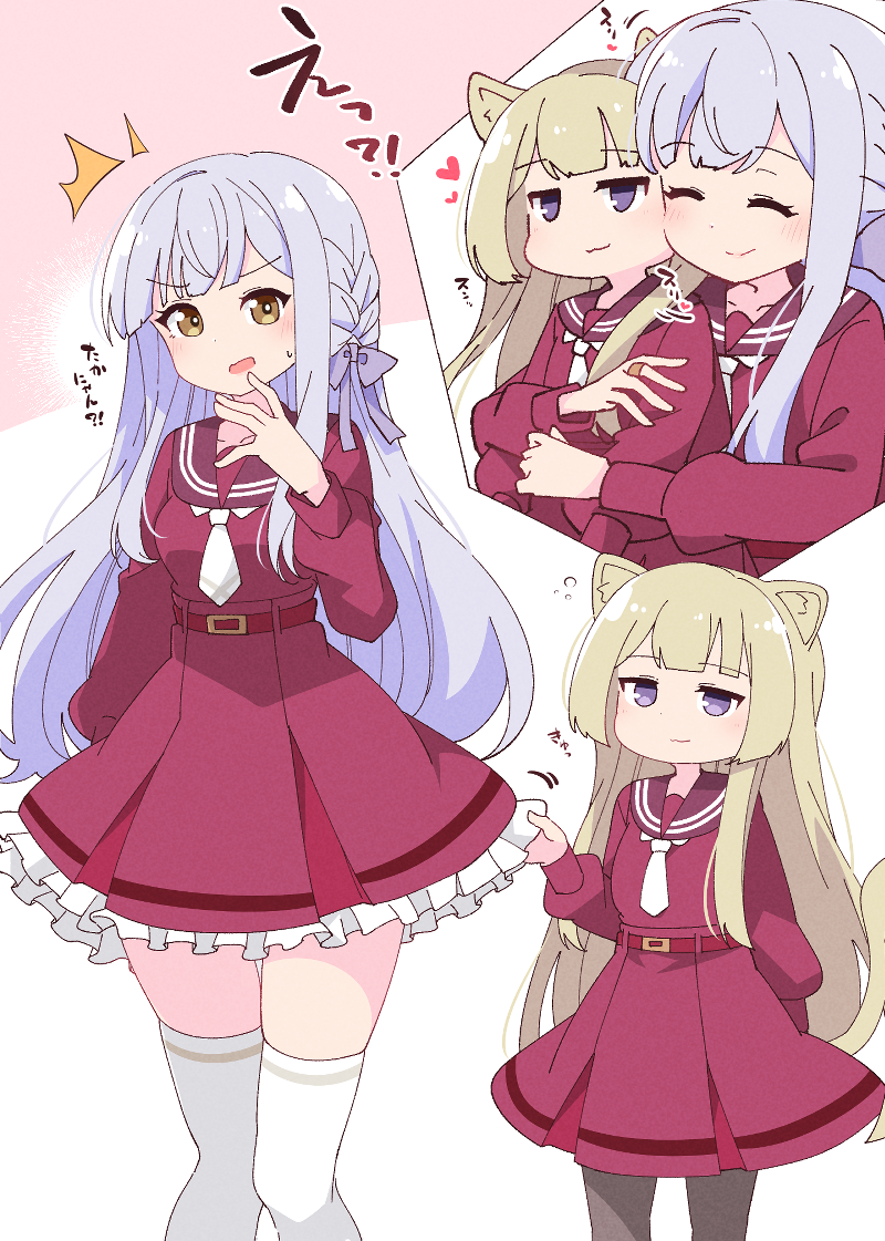 2girls :3 ^^^ animal_ears arm_at_side assault_lily belt blonde_hair blunt_bangs blush breasts brown_pantyhose brown_sailor_collar cat_ears cat_girl cat_tail cheek-to-cheek closed_mouth clothes_grab commentary_request feet_out_of_frame frilled_skirt frills grey_hair hair_ribbon hand_up hands_up heads_together heart high-waist_skirt hug hug_from_behind jewelry kanba_girls_high_school_uniform kemonomimi_mode kon_kanaho long_hair long_sleeves looking_ahead looking_at_another medium_breasts miniskirt miyagawa_takane morugen motion_lines multiple_girls multiple_views necktie pantyhose parted_lips purple_eyes purple_ribbon red_belt ribbon ring rubbing sailor_collar school_uniform serafuku short_necktie sidelocks skirt smile standing sweatdrop tail thighhighs translated two-tone_background upper_body v-shaped_eyebrows very_long_hair white_background white_necktie white_thighhighs yellow_eyes yuri zettai_ryouiki