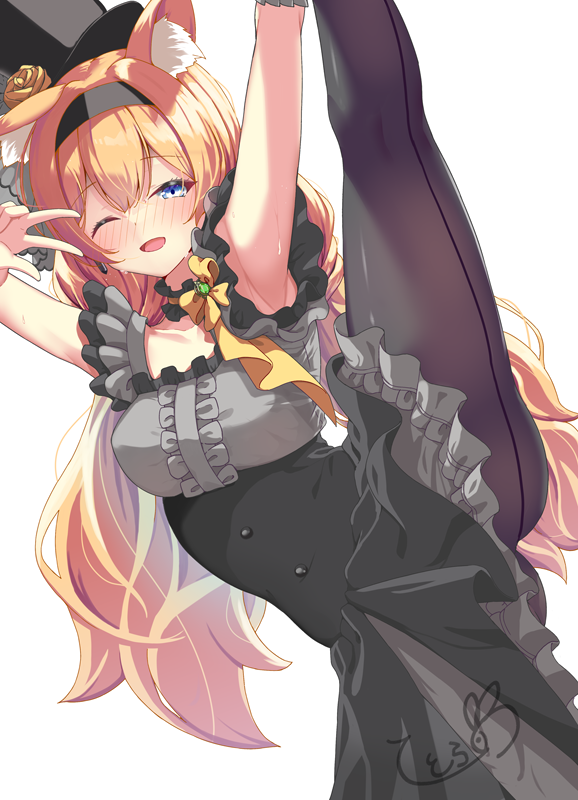 1girl animal_ears arm_up armpits black_headband black_pantyhose blue_archive blush commentary_request flexible flower flower_hat fluffy_hair grey_feathers halo hat hat_flower headband holding_leg idol idol_clothes leg_hold leg_lift leg_up long_hair looking_at_viewer mari_(blue_archive) mari_(idol)_(blue_archive) mini_hat mini_top_hat one_eye_closed orange_hair pantyhose rose smile split standing standing_on_one_leg standing_split tetranono top_hat v white_background wrist_wrap yellow_flower yellow_halo yellow_rose