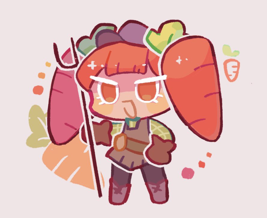 1girl :d ankle_boots belt boots brown_background brown_belt brown_boots brown_dress brown_gloves brown_pants carrot carrot_cookie center-flap_bangs cookie_run dress food-themed_hair full_body gloves green_shirt hair_ornament hand_on_own_hip hashtag-only_commentary holding holding_pitchfork leaf_hair_ornament long_hair long_sleeves looking_at_viewer no_pupils open_mouth orange_eyes orange_hair outline pants pitchfork plaid_clothes plaid_shirt shirt short_dress simple_background sleeveless sleeveless_dress smile solo sparkle standing twintails white_outline y_songmo