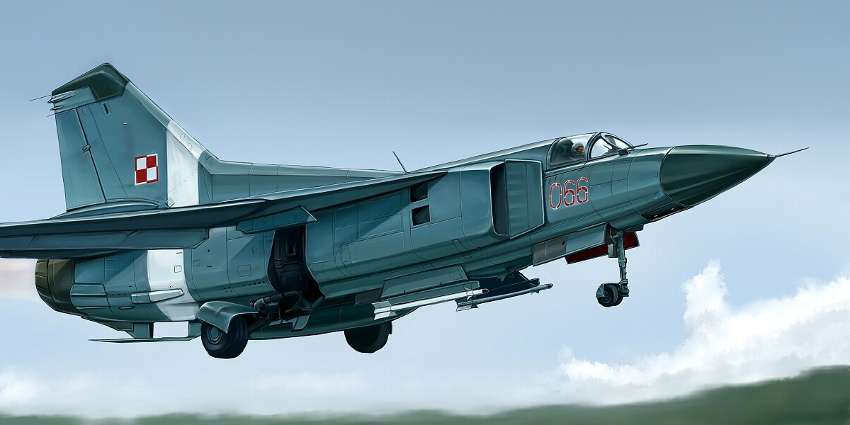 1boy air-to-air_missile aircraft airplane fighter_jet kcme landing_gear mig-23 military military_vehicle original pilot polish_air_force polish_air_force_checkerboard solo takeoff vehicle_focus