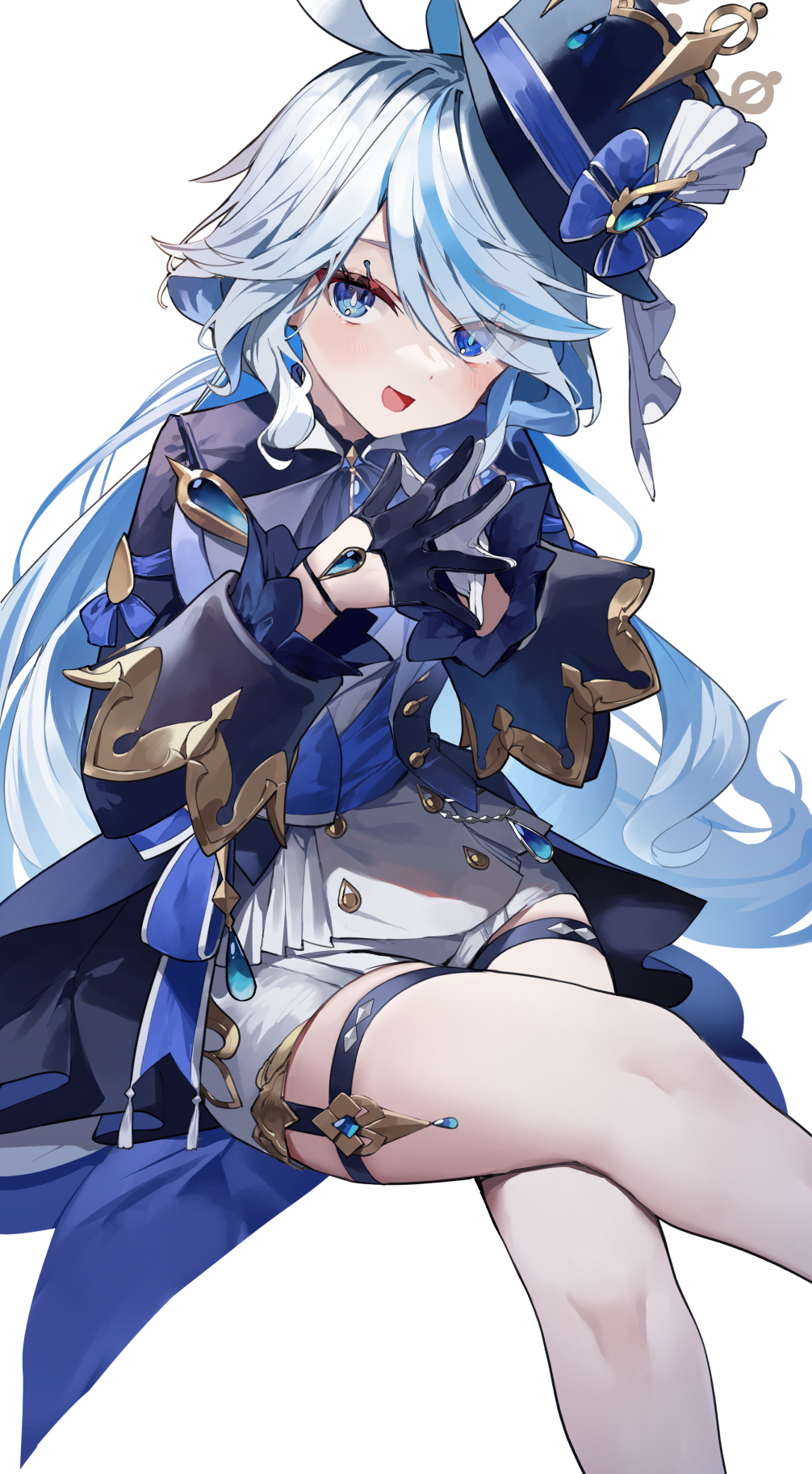 1girl ahoge amagasa_yun ascot asymmetrical_gloves bare_legs black_ascot black_gloves blue_eyes blue_hair blue_hat blue_jacket blue_ribbon bow crossed_legs furina_(genshin_impact) genshin_impact gloves hair_between_eyes hat hat_bow heterochromia highres jacket long_hair long_sleeves looking_at_viewer mismatched_gloves multicolored_hair open_mouth ribbon short_shorts shorts smile solo thigh_strap thighs top_hat white_background white_gloves white_hair white_shorts