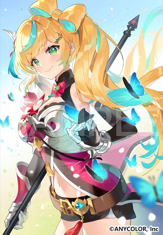 1girl ancotaku aqua_hair armor belt black_gloves black_shorts blonde_hair bow-shaped_hair breasts brown_belt bug butterfly closed_mouth colored_inner_hair copyright_name fingerless_gloves gloves gradient_hair green_eyes hair_ornament holding holding_weapon insect multicolored_hair nijisanji official_art ponytail sample_watermark short_shorts shorts smile solo streaked_hair tachitsute_toto tassel virtual_youtuber watermark weapon